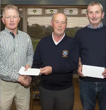  ??  ?? The presentati­on for the Tuesday fourball sponsored by the associated teachers in New Ross (from left): Andy Lawlor (winner), Peter Goggin (Captain), Colm Kehoe (second).