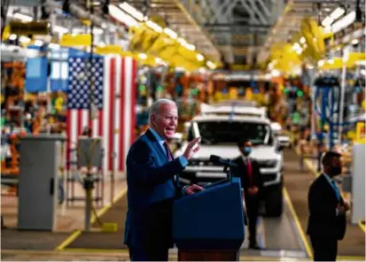  ?? DOUG MILLS/NEW YORK TIMES ?? President Biden spoke at GM’s Factory ZERO electric vehicle assembly plant in Detroit in 2021.
