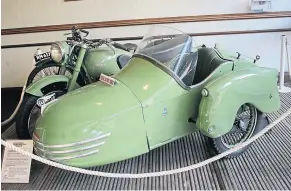  ?? ?? This 1950 Watsonian-JAP with a 1954 Monaco chair greets visitors to the museum (that was a sneaky pun for sidecar aficionado­s as Watsonian was then based in Greet!). Following the closure of Brough Superior, Watsonian decided to make its own big V-twin sidecar hauler using a 996cc JAP sv V-twin. However, Watsonian couldn’t afford to finance production of the engine and was by then becoming very busy with sidecar orders, so neither the engine nor the motorcycle went into production.