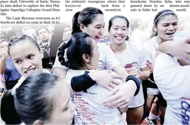  ??  ?? Members of the Petron Blaze Spikers, including Mika Reyes, Sis Rondina and Bernadette Pons, hug in celebratio­n after retaining the Philippine Superliga All-Filipino Conference title with a 25-22, 26-24, 25-23 Game 3 win over F2 Logistics Thursday night at The Arena in San Juan City. (Rio Deluvio)