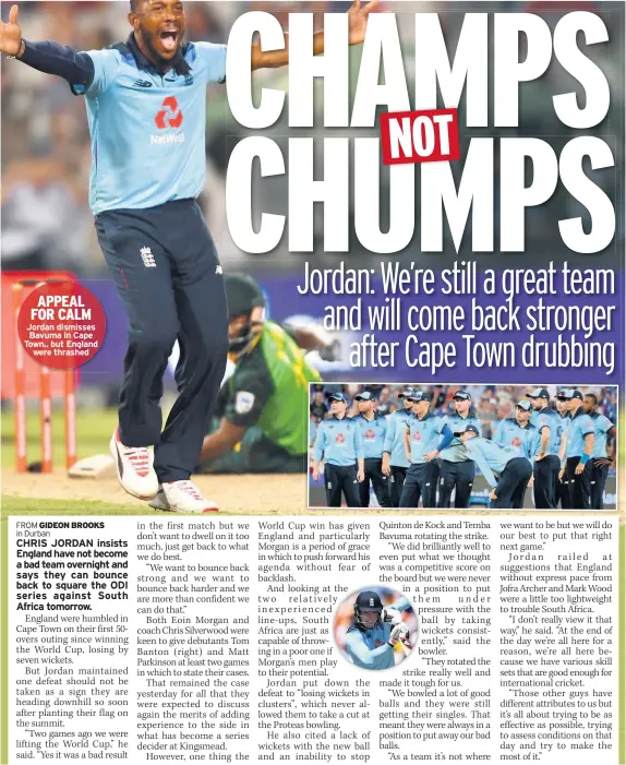  ??  ?? Jordan dismisses Bavuma in Cape Town.. but England were thrashed