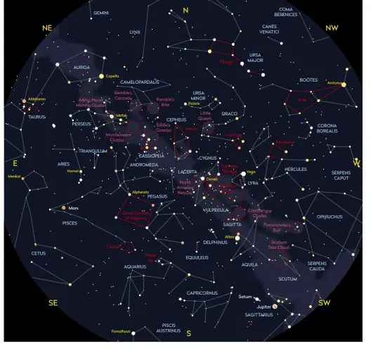  ??  ?? ▲ Use this chart to help you find our tour’s targets. It shows the sky at midnight BST (23:00 UT) on 1 September