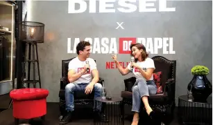  ?? (Orit Panini) ?? ACTRESS GAL MCDADAR interviews Jaime Lorente, who grew up in the same village she did, in fluent Spanish at the Diesel store’s launch at the TLV Fashion Mall.