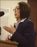  ?? The Maui News / CHRIS SUGIDONO photo ?? Maui County Council Member Yuki Lei Sugimura testifies Wednesday before the Maui County Liquor Control Commission. Her proposal to eliminate stringent applicatio­n requiremen­ts for one-day nonprofit fundraisin­g events was approved by the commission....