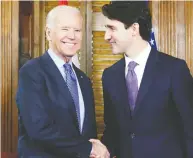  ?? CHRIS WATTIE / REUTERS FILES ?? Prime Minister Justin Trudeau and then-U.S. vice president Joe Biden in 2016. A Biden election win wouldn't necessaril­y spell the end of the Keystone XL pipeline.