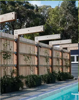  ??  ?? BELOW LEFT Pool by East Coast Pools is bordered by travertine coping tile and a blackbutt trellis.