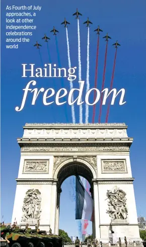  ?? ASSOCIATED PRESS FILE PHOTOS ?? RIGHT: Jets from the French Air Force’s Patrouille de France, or French Acrobatic Patrol, fly in an arrow formation over the Arc de Triomphe during the 2009 Bastille Day military parade on the ChampsÉlys­ées in Paris.