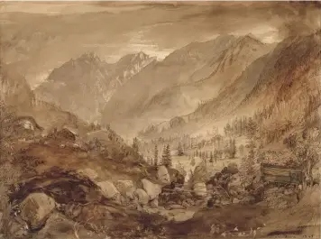  ??  ?? He indulged his love of high places on tours of Europe. Mountain Landscape, Macugnaga (1845) shows the ‘heavenly richness &amp; majesty’ of the Val d’ossola in the Italian Alps