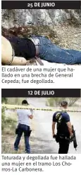  ??  ?? 25 DE JUNIO El cadáver de una mujer que hallado en una brecha de General Cepeda; fue degollada.
12 DE JULIO Toturada y degollada fue hallada una mujer en el tramo Los Chorros-la Carbonera.