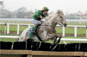  ?? RACE IMAGES ?? Jackfrost, with Stuart Higgins in the saddle, jump over the last fence on their way to victory in the Grand National Hurdle yesterday.