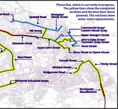  ??  ?? Phase One, which is currently in progress. The yellow lines show the completed sections and the blue lines those planned. The red lines show water main replacemen­ts.