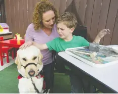  ?? JASON PAYNE/ POSTMEDIA ?? Rebecca Stevens and her son Nate Rosenczwei­g-Stevens, 7, work on some crafts with Nate’s Autism Assistance Guide Dog, Boma.