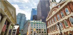  ??  ?? Clockwise: Boston at sunset showcasing its mix of modern and historic architectu­re at Back Bay; Zakim Bridge Tunnel at The Big Dig; Beginning of The Freedom Trail; Quincy Market and Faneuil Hall