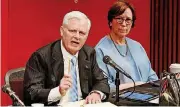  ?? [AP PHOTO] ?? Jim Gallogly, who becomes president of the University of Oklahoma on July 1, speaks at the OU Board of Regents meeting in Tuesday in Oklahoma City. At right is board vice chairman Leslie Rainbolt-Forbes, M.D.