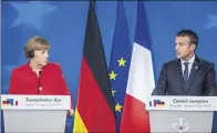  ??  ?? Angela Merkel et Emmanuel Macron ont fait part, hier à l’issue du Sommet européen, de leur volonté commune de renforcer la coopératio­n franco-allemande. (Photo AFP)