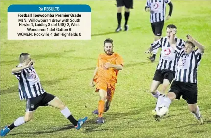  ?? PHOTO: KEVIN FARMER ?? CLOSING IN: South Hawks’ Michael McCarthy shoots for goal as the Willowburn defence closes in on him at Commonweal­th Oval.