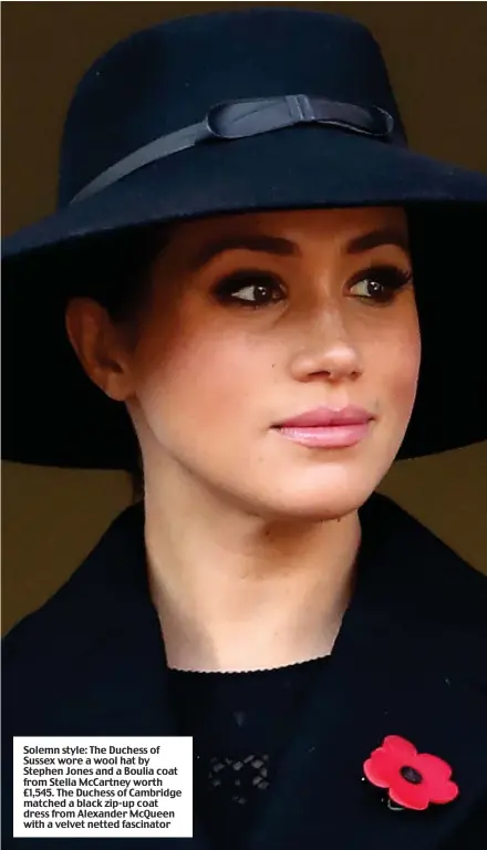  ??  ?? Solemn style: The Duchess of Sussex wore a wool hat by Stephen Jones and a Boulia coat from Stella McCartney worth £1,5 5. The Duchess of Cambridge matched a black zip-up coat dress from Alexander McQueen with a velvet netted fascinator