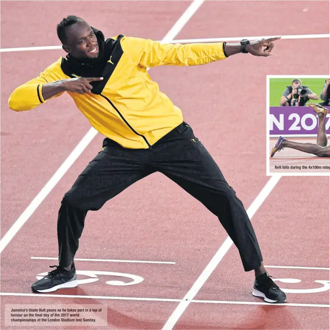  ??  ?? Jamaica’s Usain Bolt poses as he takes part in a lap of honour on the final day of the 2017 world championsh­ips at the London Stadium last Sunday. Bolt falls during the 4x100m relay final at the London