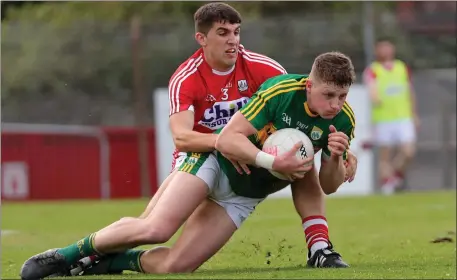  ??  ?? Conor Cox, in action in the Munster JFC Final win over Cork, is one of several players who have played senior inter-county football with Kerry, and who will be expected to see off the challenge of Leitrim in Saturday’s All-Ireland JFC semi-final in...