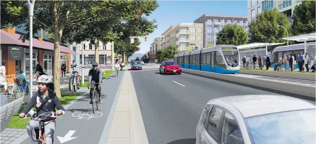  ?? — RENDERING PROVIDED BY LIGHT RAIL TRANSIT SURREY NEWTON GUILDFORD - TRANSLINK ?? This artist’s rendering shows how light rail transit would look on Surrey’s King George Boulevard at 76 Avenue. The $1.65-billion project is set to get underway but some candidates for mayor are pushing SkyTrain instead.