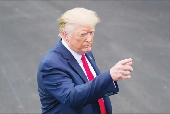  ?? (AP) ?? In this file photo, President Donald Trump speaks with reporters before departing on Marine One from the South Lawn of the White House in Washington. Trump has risked turmoil in the financial markets and damage to the US economy in waging his trade war with China, America’s top strategic rival. But Trump hasn’t exactly gone easy on America’s friends either. From Europe to Japan,
the president has stirred up under-the-radar trade disputes that potentiall­y could erupt within weeks or months with damaging consequenc­es.