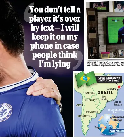  ??  ?? Absent friends: Costawatch­esCosta watches on TV from 5 5,000 000 miles away as Chelsea slip to defeat by Burnley on Saturday