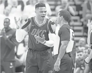  ??  ?? Thunder guard Russell Westbrook questions a call with Bill Kennedy during a playoff game. RUSS ISABELLA/USA TODAY SPORTS