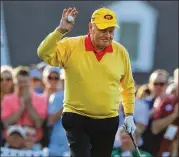  ?? CURTIS COMPTON / CURTIS.COMPTON@AJC.COM ?? Jack Nicklaus waves to the patrons as he walks to the tee box at the Masters last year. Nicklaus is donating his design fee for his latest golf course renovation to the Folds of Honor Foundation.