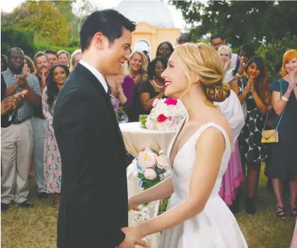  ?? PHOTOS: UNIVERSAL PICTURES ?? The characters played by Harry Shum Jr., left, and Jessica Rothe have a picture-perfect wedding in All My Life.