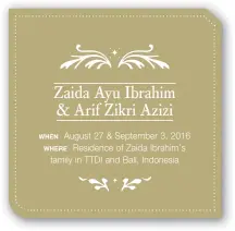  ??  ?? WHEN August 27 & September 3, 2016 WHERE Residence of Zaida Ibrahim’s family in TTDI and Bali, Indonesia Zaida Ayu Ibrahim & Arif Zikri Azizi