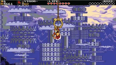  ??  ?? LEFT The final leap to grab the ring at the end of a level is usually one of the easiest, yet you can’t help holding your breath until King Knight has grabbed on securely