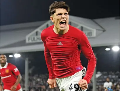  ?? Picture: AFP ?? LATE STRIKE. Manchester United’s Alejandro Garnacho celebrates after scoring the winning goal in their English Premier League match against Fulham at Craven Cottage on Sunday.