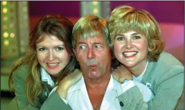  ??  ?? John with Peter Purves and Valerie Singleton at a reunion in 2000, and right, with later Blue Peter presenters Caron Keating and Anthea Turner in 1993