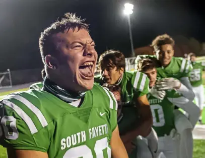  ?? Steph Chambers/ Post- Gazette ?? Ryan O’Hair reacts after South Fayette beat West Allegheny, 38- 14, Friday night.