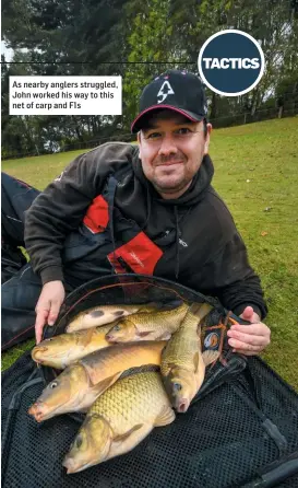  ?? ?? As nearby anglers struggled, John worked his way to this net of carp and F1s