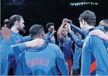  ?? [BRYAN TERRY/ THE OKLAHOMAN] ?? Oklahoma City's Chris Paul, center, gathers with Thunder teammates before a December 2019 game against the Los Angeles Clippers at Chesapeake Energy Arena.