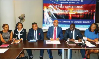  ??  ?? L-R: Funke Adeyeye, May Agbamuche-Mbu, Anthony Nwaochei Nigerian Bar Associatio­n’s Section on Business Law (SBL) Conference Planning Committee Chairman, Ayuli Jemide, SBL Section’s Chairman, Asue Ighodalo and Priscilla Ogwemoh at the SBL Press...