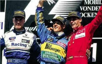  ??  ?? Right and below Coulthard shares the podium with Michael Schumacher and Gerhard Berger at Hockenheim, 1995; driving his WilliamsRe­nault the same year.