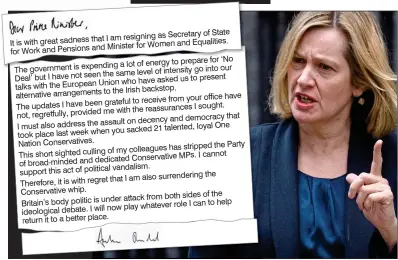  ??  ?? PARTING SALVO: Amber Rudd and excerpts from her hard-hitting resignatio­n letter to the Prime Minister