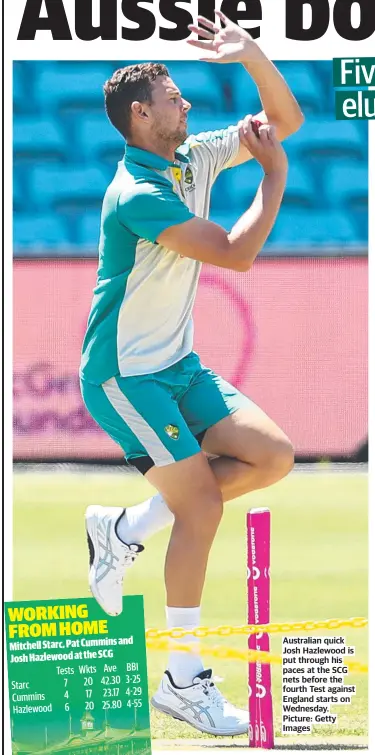  ?? Picture: Getty Images ?? Australian quick Josh Hazlewood is put through his paces at the SCG nets before the fourth Test against England starts on Wednesday.