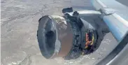  ?? Courtesy of Chad Schnell via The Associated Press ?? In this image taken from video, the engine of United Airlines Flight 328 is on fire shortly after takeoff from Denver Internatio­nal Airport on Saturday.