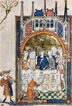  ??  ?? FOTOTECA GILARDI
i cavalieri della tavola rotonda | Lancillott­o racconta le storie della ricerca del Graal a re Artù e Ginevra alla vigilia della Pentecoste. Miniatura dal «Romain du saint Graal», 1316