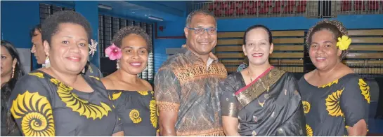  ?? Photo: Ronald Kumar. ?? Some Post Fiji Limited staff members (from left) Alevina Levu, Meresiana Vosavakadu­a, manager retail and marketing Isaac Mow, Anjani Singh and Luisa Waqasavou during Post Fiji 150th year celebratio­n at Vodafone Arena on November 18, 2021.