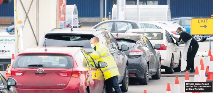  ?? PHOTO: AARON CHOWN/PA WIRE ?? Drivers queue to get tested for coronaviru­s at Ikea Wembley