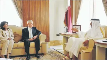  ?? — Reuters photo ?? Qatar’s Emir Sheikh Tamim (right) welcomes Mattis (second left) and US Ambassador to Qatar Dana Shell Smith (left) at his residence, the Sea Palace, in Doha, Qatar.