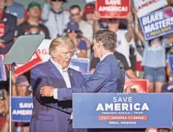  ?? ALEX GOULD/THE REPUBLIC ?? Former president Donald Trump shakes hands with Masters, then the U.S. Senate candidate, during Trump’s rally in Mesa on Oct. 9.