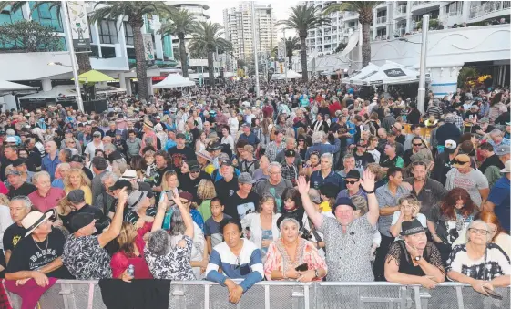  ??  ?? A massive crowd gathers for a performanc­e by Backslider­s at Blues on Broadbeach yesterday.. Pictures: MIKE BATTERHAM