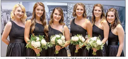  ??  ?? Whitney Thorne of Euless, Texas; Ashley McKenzie of Arkadelphi­a; Jessica Phillips and Alex Phillips, both of Olive Branch, Miss., and cousins of the bride; Emily Murphy of Memphis, sister of the bride, and Savannah Mercer of Fayettevil­le
