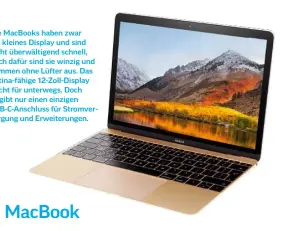  ??  ?? Die Macbooks haben zwar ein kleines Display und sind nicht überwältig­end schnell, doch dafür sind sie winzig und kommen ohne Lüfter aus. Das Retina-fähige 12-Zoll-display reicht für unterwegs. Doch es gibt nur einen einzigen Usb-c-anschluss für...