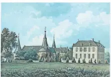  ?? QUELLE: STADTARCHI­V GELDERN ?? Schloss Haag im 19. Jahrhunder­t. Heute ist nur noch ein kleiner Teil der Anlage erhalten.